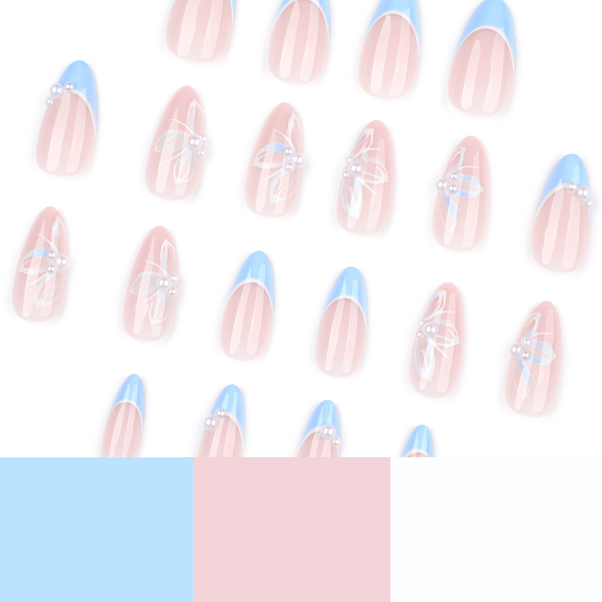 Floral French Tip Press-On Nails – Blue Butterfly Pearl Design, Medium Almond Shape