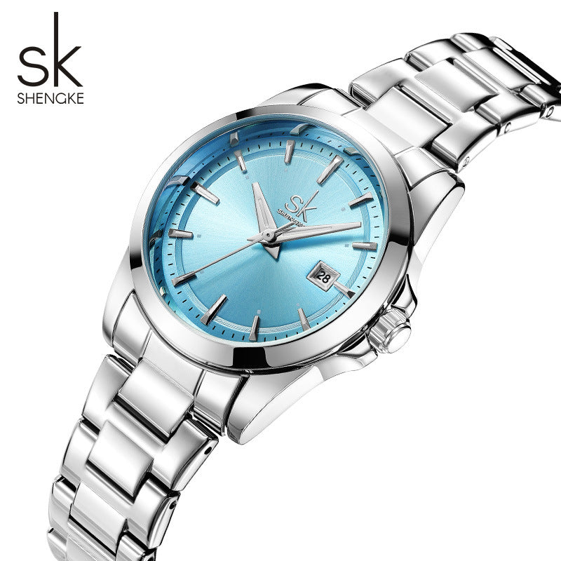 SK Women’s Stainless Steel Quartz Watch – Fashion Round Dial, Waterproof Wristwatch