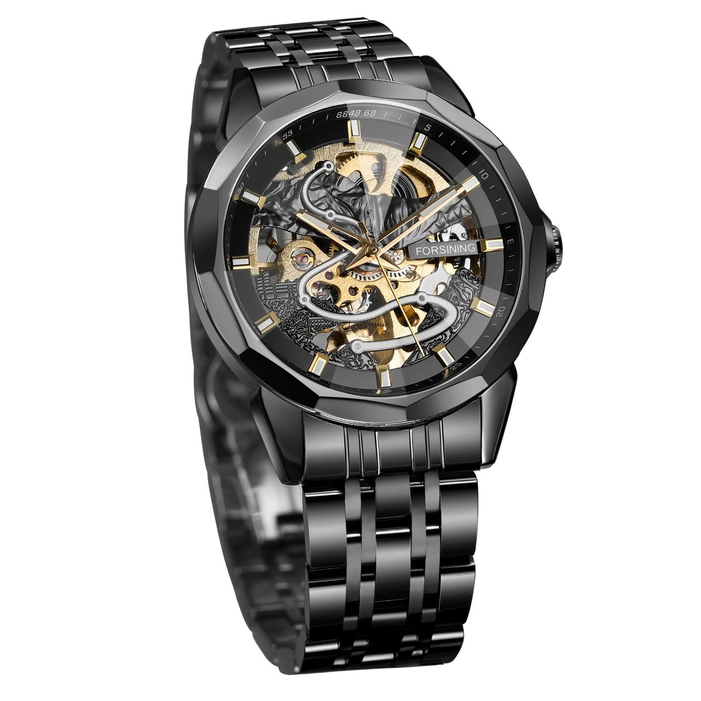 Men’s Mechanical Watch – Diamond Glass Dial, Stainless Steel Strap