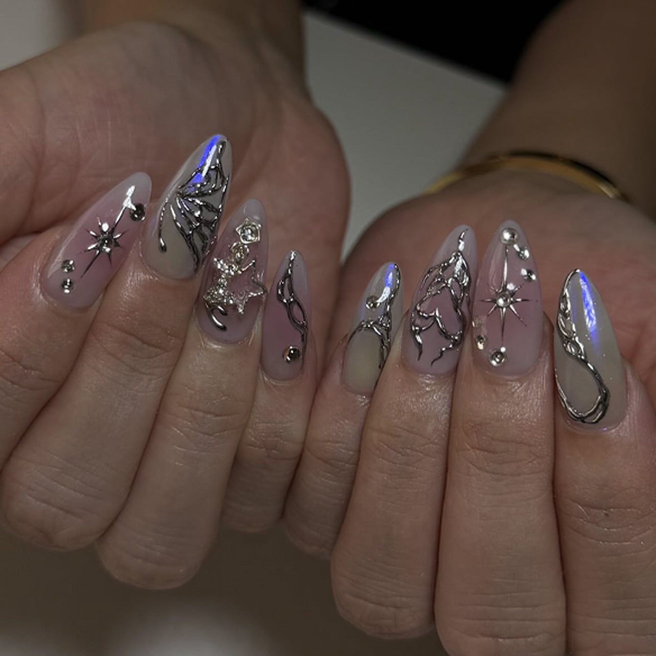 Glossy 3D Star Coffin Press-On Nails – Long Pink White Gradient False Nails