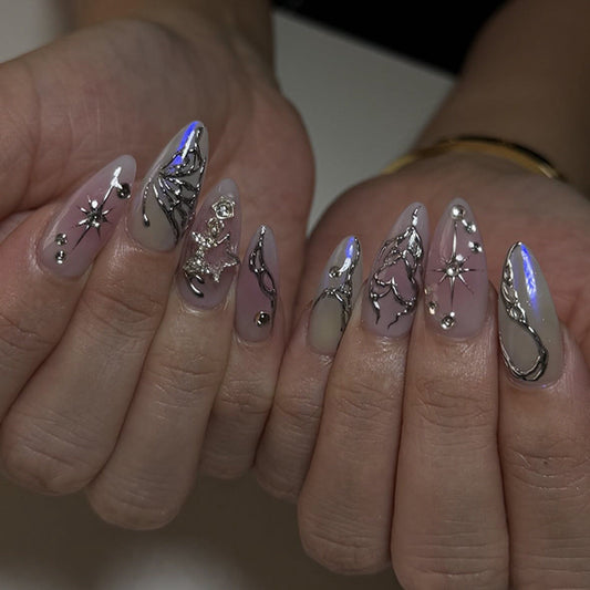 Glossy 3D Star Coffin Press-On Nails – Long Pink White Gradient False Nails
