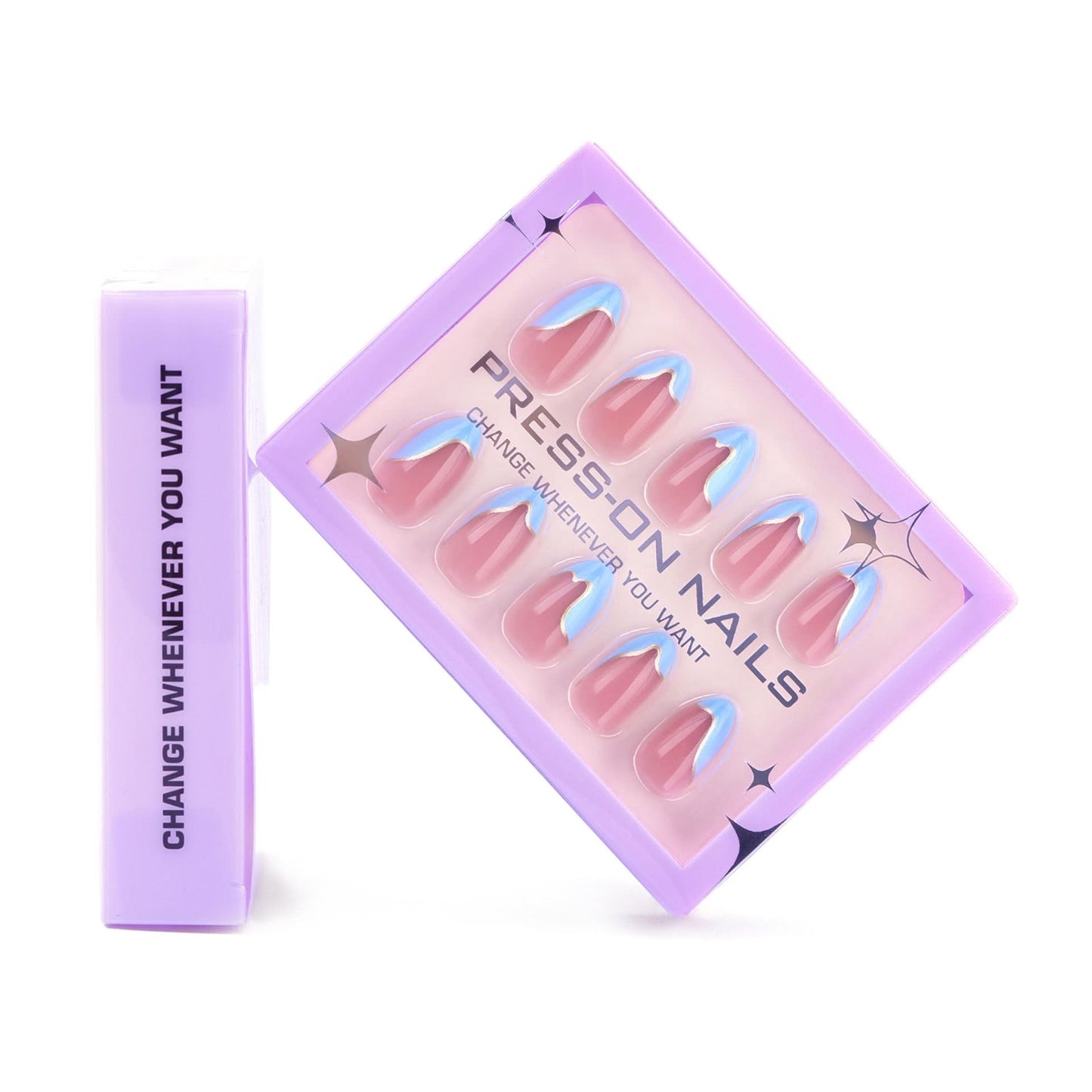 French Blue & Pink Press-On Nails – Short Almond-Shaped Wavy French Tip Design