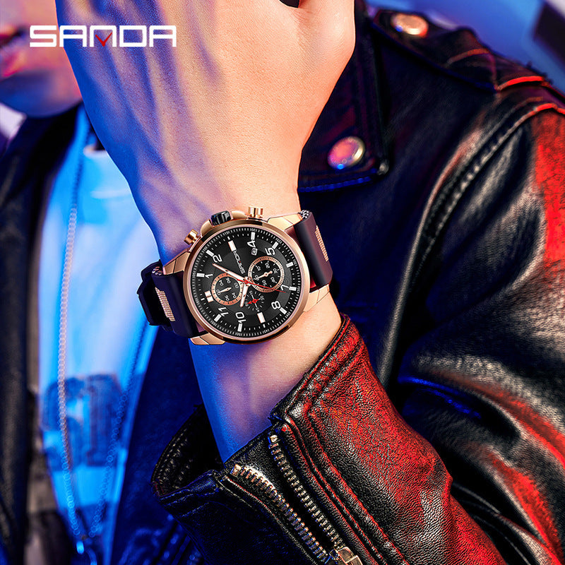 Sanda Men’s Silicone Quartz Watch – Three-Eye Chronograph, Waterproof Business Watch