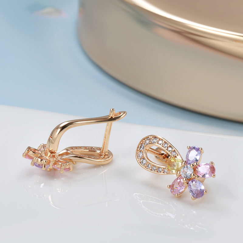 Rose Gold Floral Zircon Earrings – Simple Geometric Jewelry