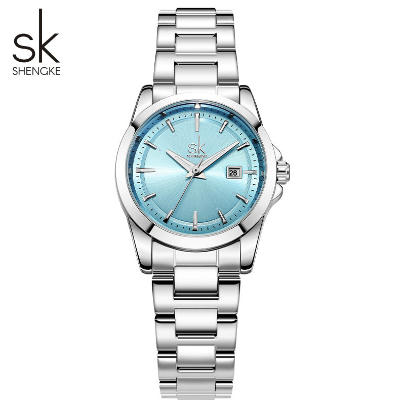 SK Women’s Stainless Steel Quartz Watch – Fashion Round Dial, Waterproof Wristwatch