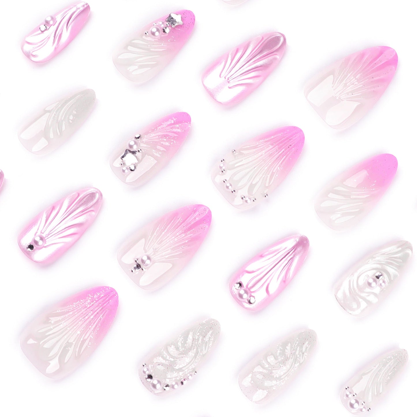 3D Gradient Pink Press-On Nails – Coffin Glossy Shell Design with Rhinestones