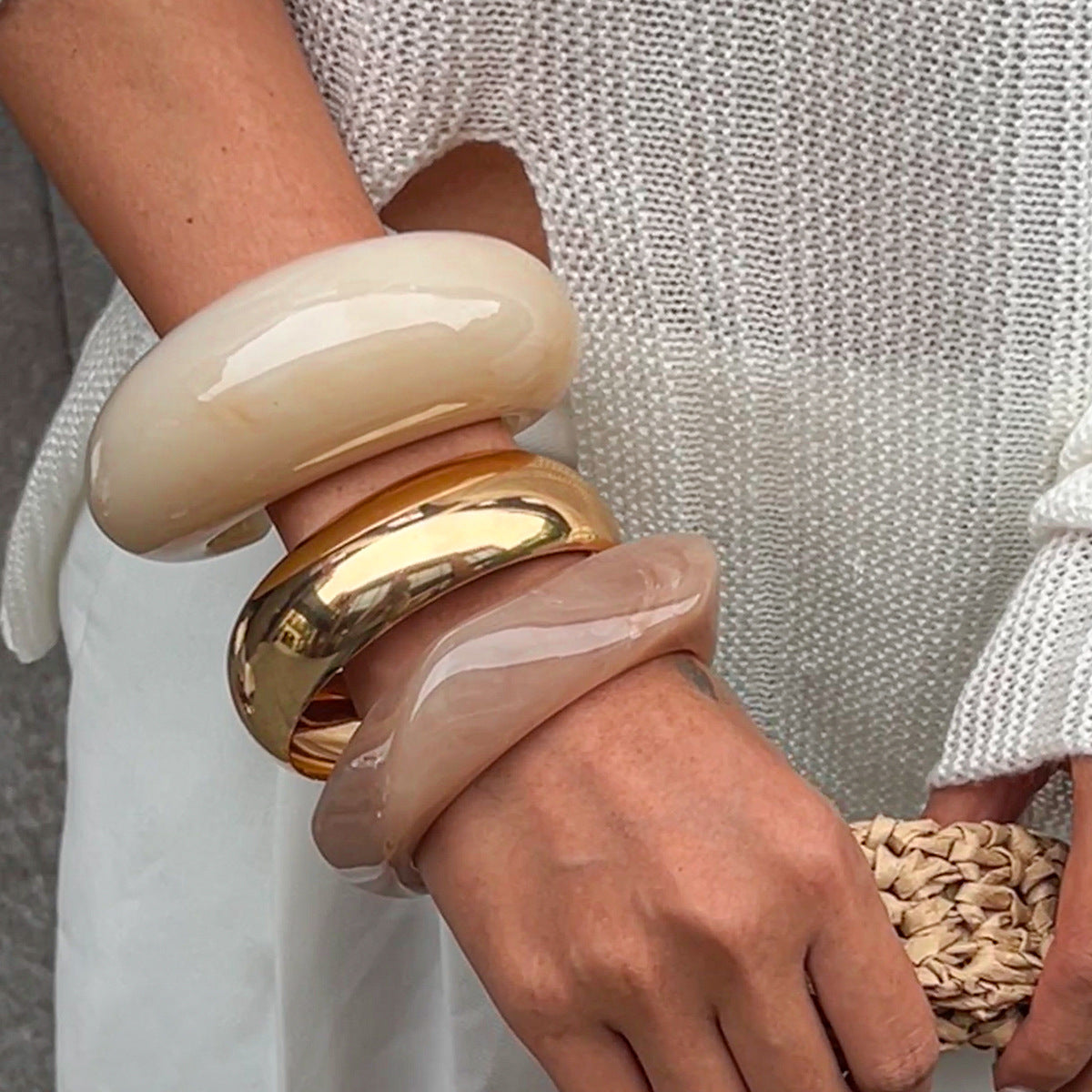 Chunky Gloss Dome Bangle Set – Bold Resin & Gold Slip-On Bracelets for Women (Pack of 3)