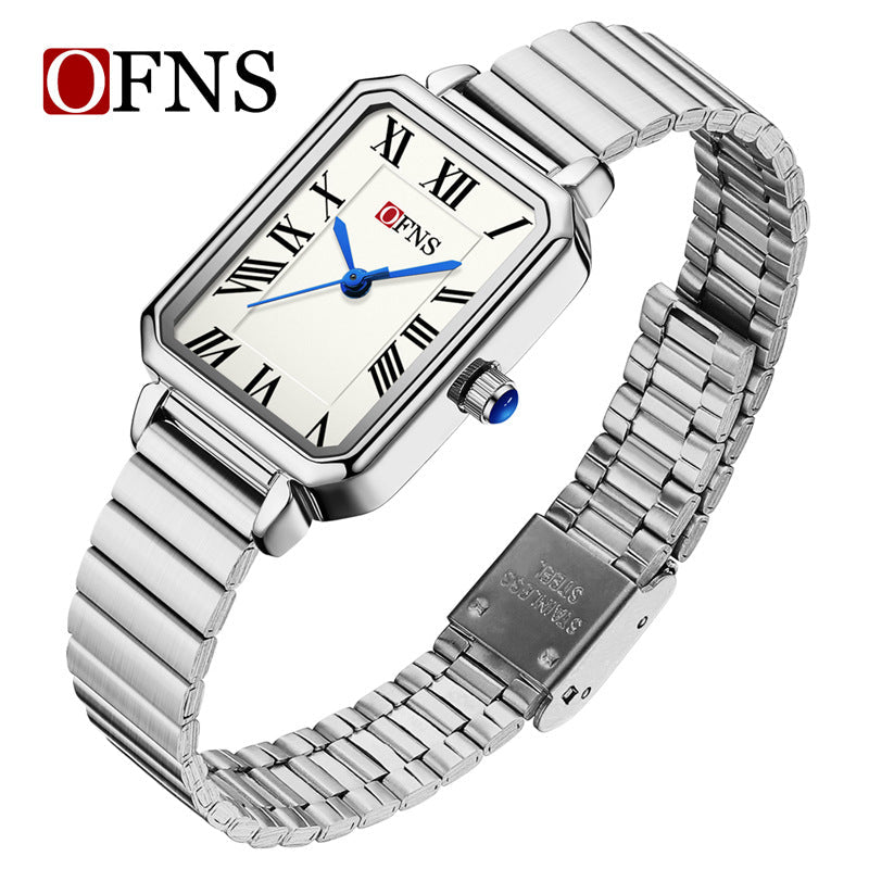 OFNS Women’s Quartz Watch – Retro Rectangular Dial, Stainless Steel Strap Casual Wristwatch