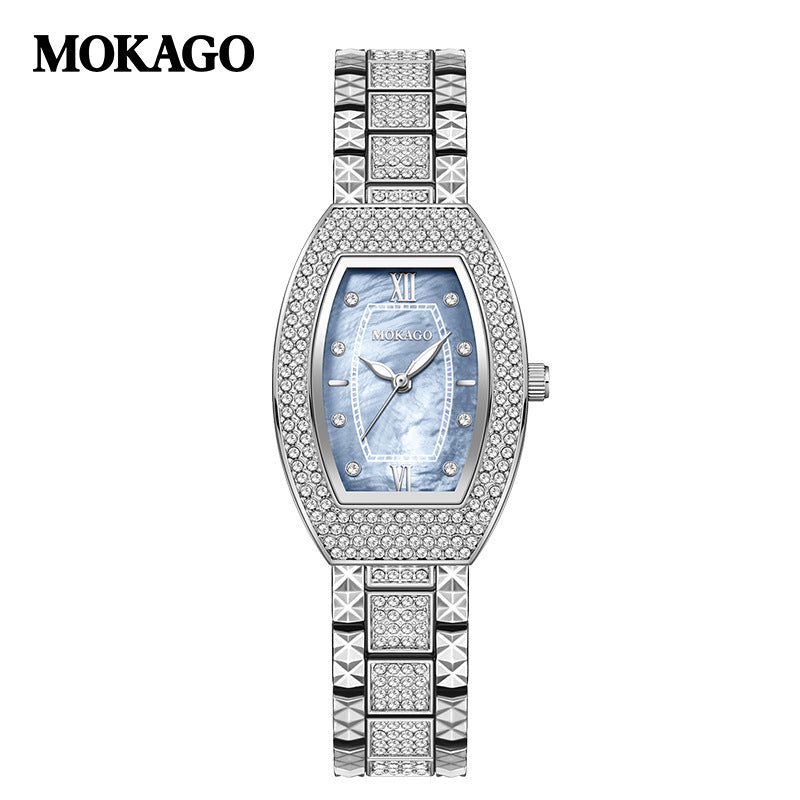 Mokago Elegant Women’s Diamond Quartz Watch – Mother-of-Pearl Dial, Luminous Timepiece