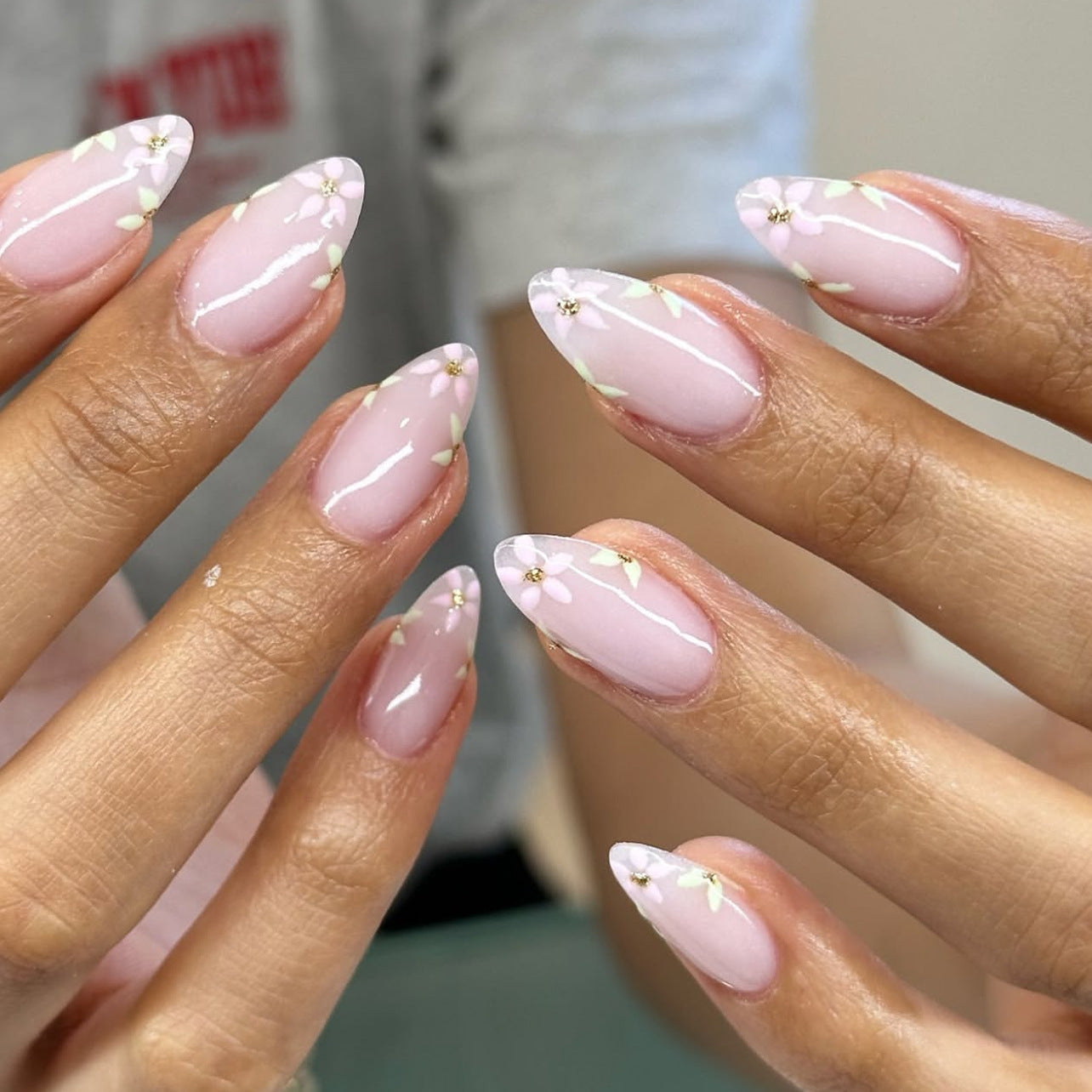 Elegant Nude Pink Floral Press-On Nails – Long Almond Glue-On Nail Art
