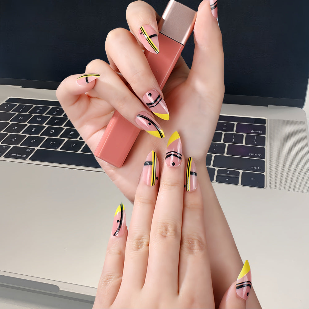 Modern French Tip Almond Press-On Nails – Yellow Nude Geometric Acrylic Set