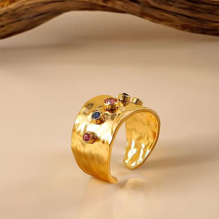 Adjustable Titanium Steel Statement Ring for Women – C-Shaped Colored Zircon Design