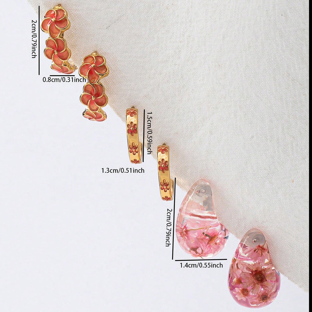Women’s Flower Resin Earrings Set – Multicolor Drop Earrings, Summer Jewelry ( 3 Pairs)
