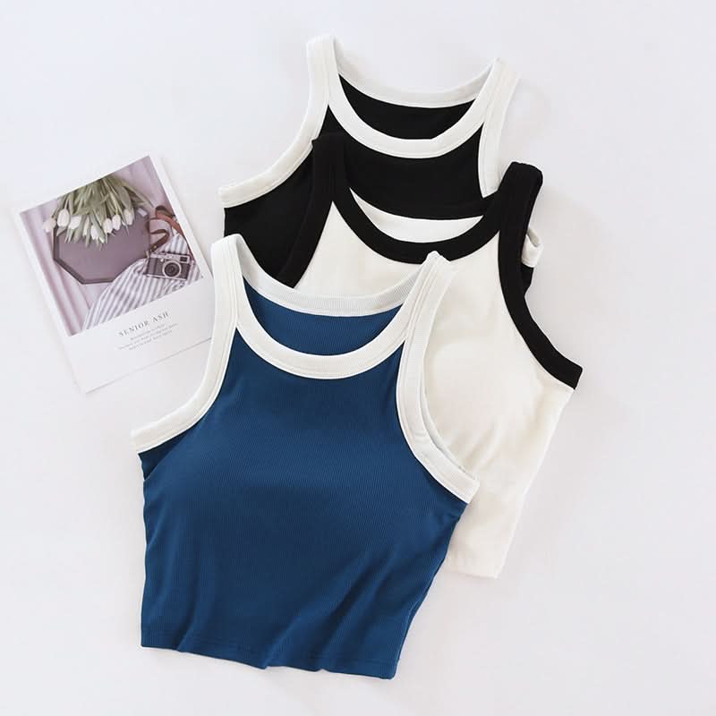 Women's Padded Tank Top – Sleeveless Contrast Color Crop Vest with High Neck
