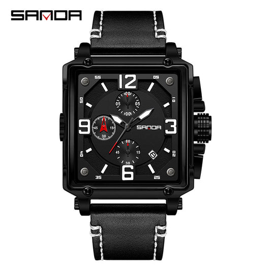 SANDA Luminous Men’s Square Quartz Watch – Leather Strap with Calendar & Small Seconds
