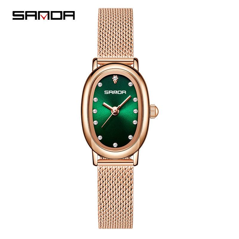 Sanda Women’s Mesh Quartz Watch – Diamond Accent Oval Dial, 30M Waterproof Casual Analog Watch