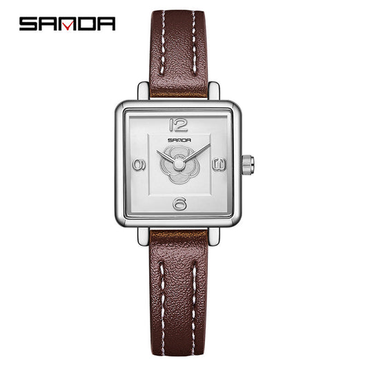 Sanda Women’s Square Quartz Watch – Waterproof Leather Strap Casual Analog Watch