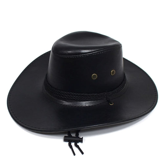 PU Leather Western Cowboy Hat – Unisex Outdoor Jazz Hat with Wide Brim