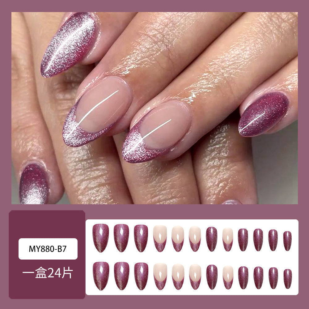 Shimmery French Tip Press-On Nails with Glitter Ombre, Almond Acrylic Glue-On Set