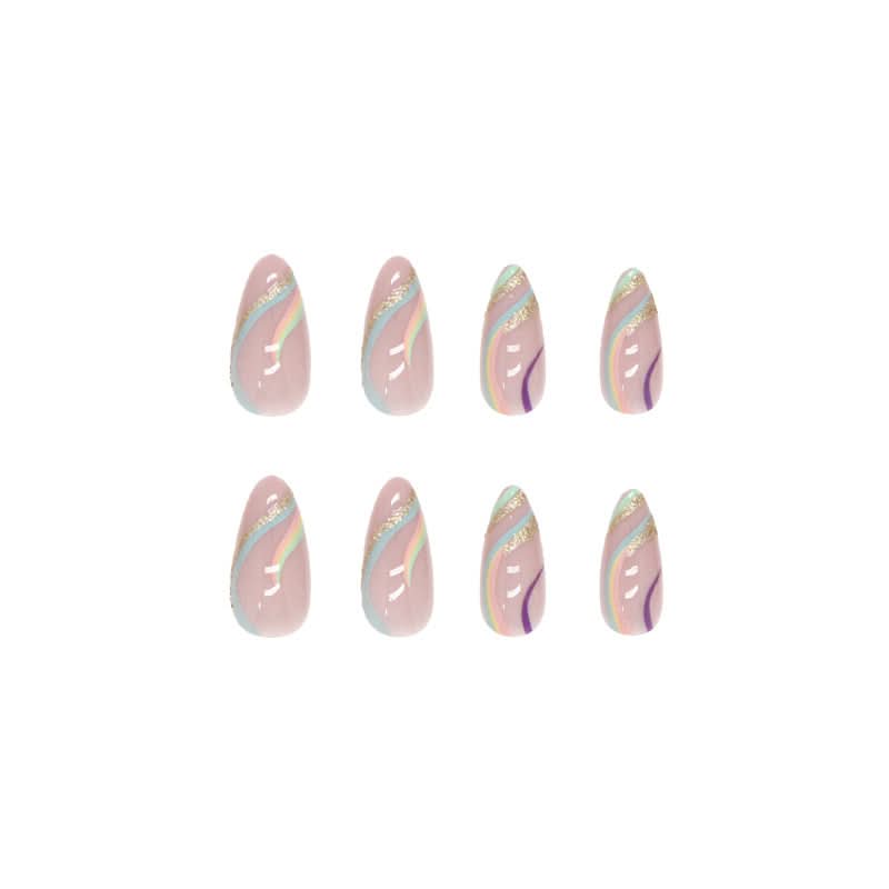 Multi-Color Ripple Shiny Gold Powder False Nails – 24-Piece Set