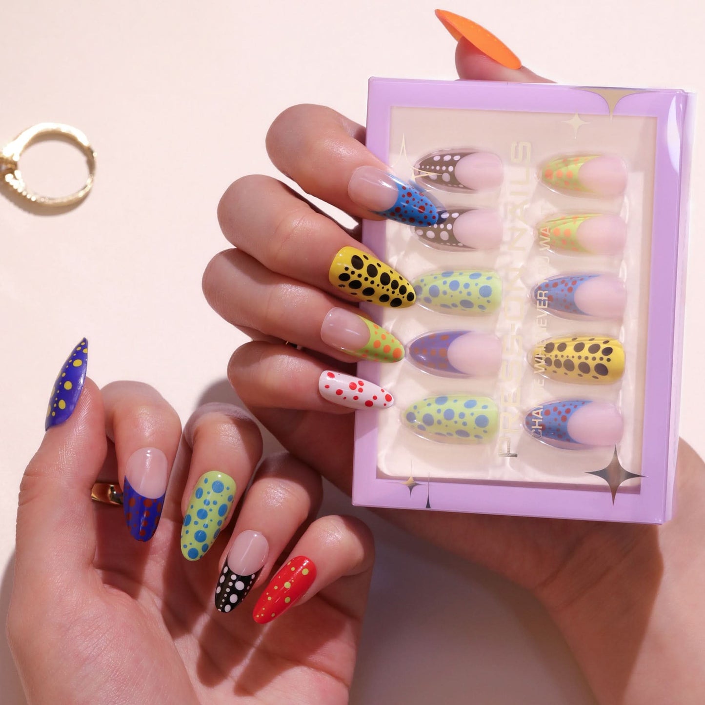 French Polka Dot Press-On Nails – Short Almond Shape, Colorful Nail Art Tips