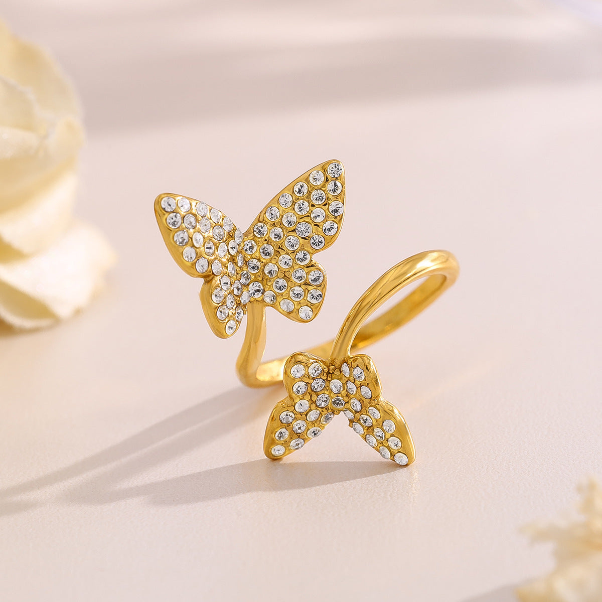 Double Butterfly Diamond Ring – Gold Titanium Steel Adjustable Luxury Jewelry