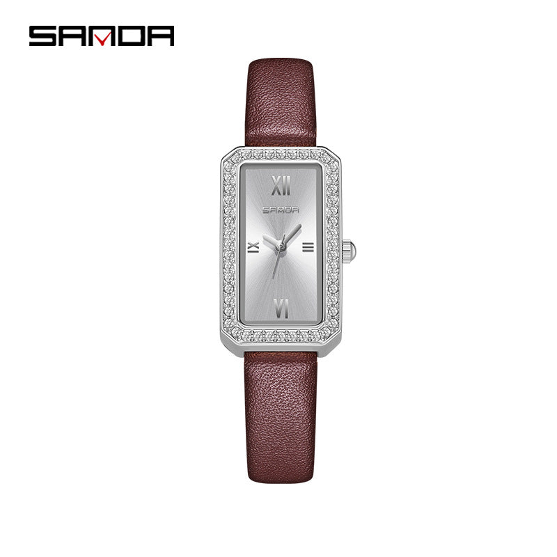 SANDA Women's Quartz Watch – Diamond-Accented Leather Strap, Casual Timepiece