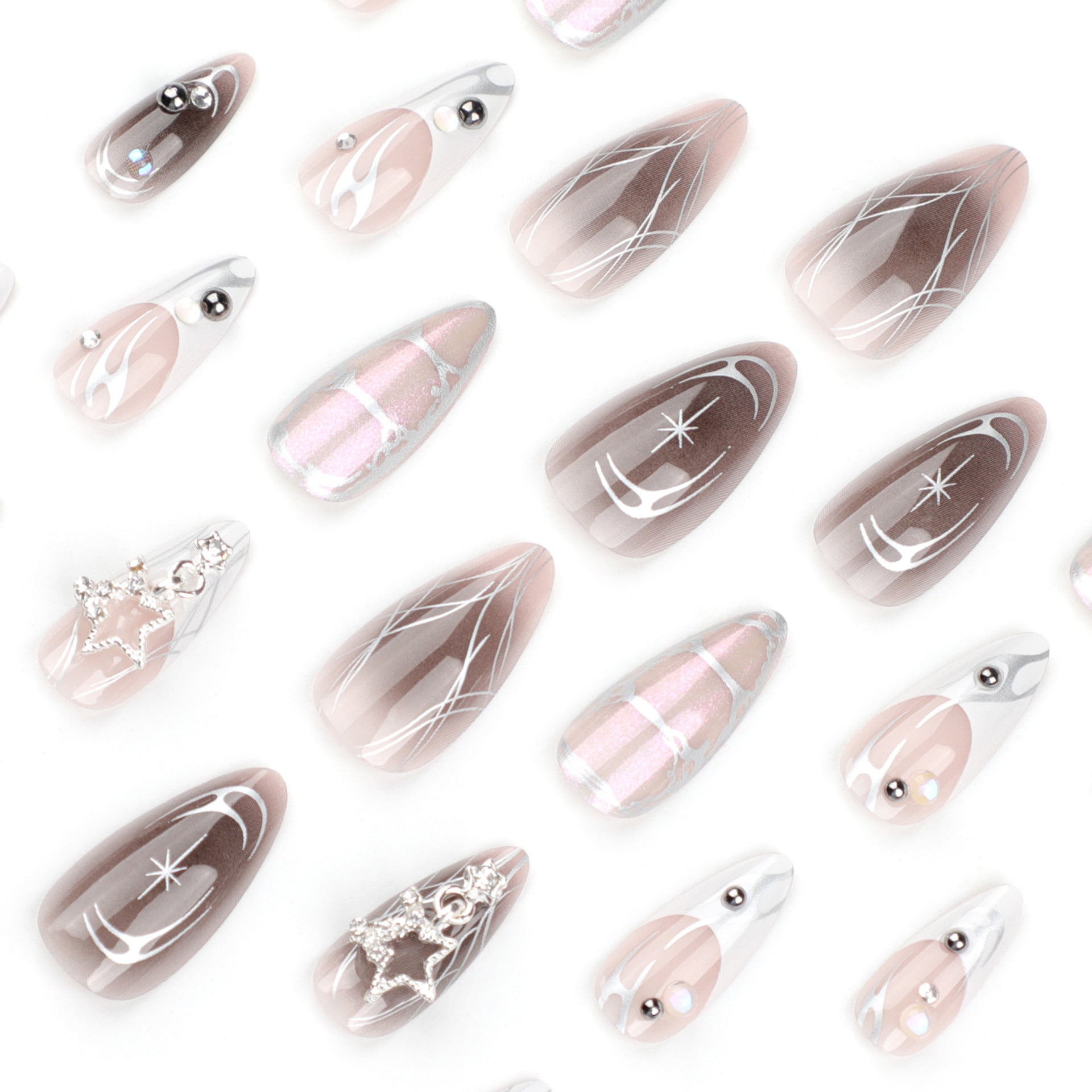 Long Stiletto Chrome Web Press-On Nails – Futuristic Glam with Cross & Star Accents