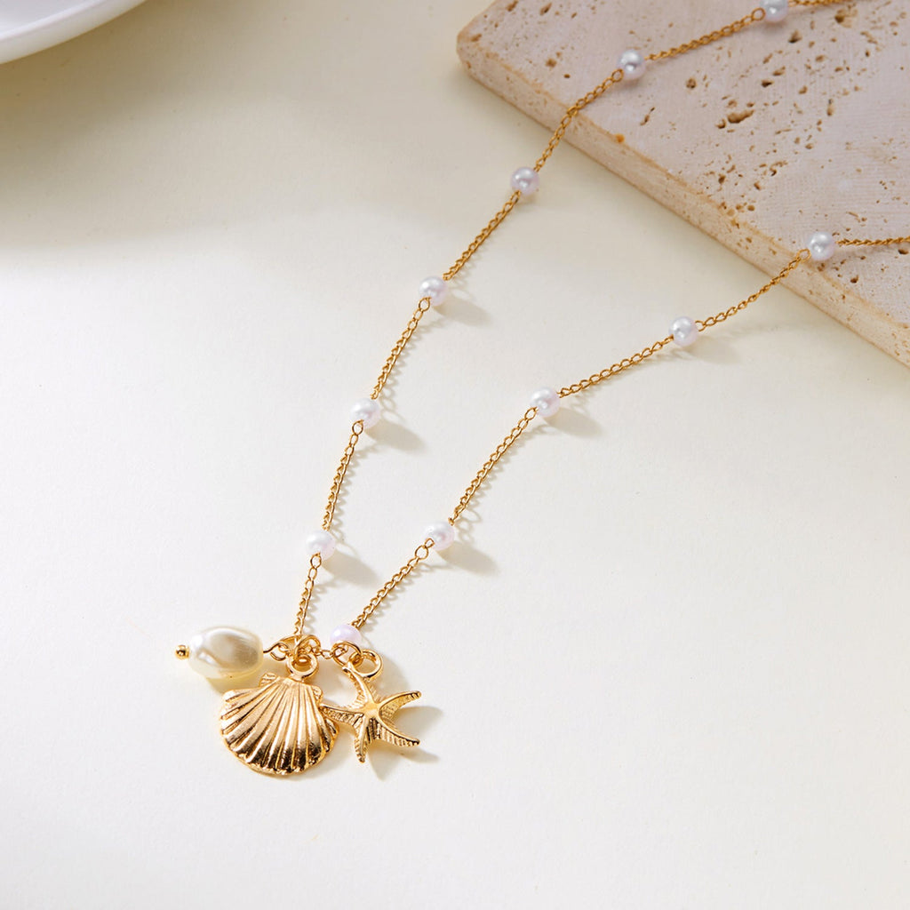 Starfish Pearl Shell Necklace – Elegant Ocean Style Layered Pendant Jewelry for Women
