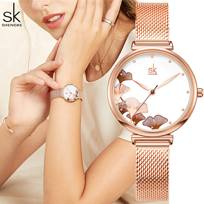 SK Women’s Quartz Watch – Ginkgo Leaf Dial, Steel Mesh & Leather Strap, 30M Waterproof