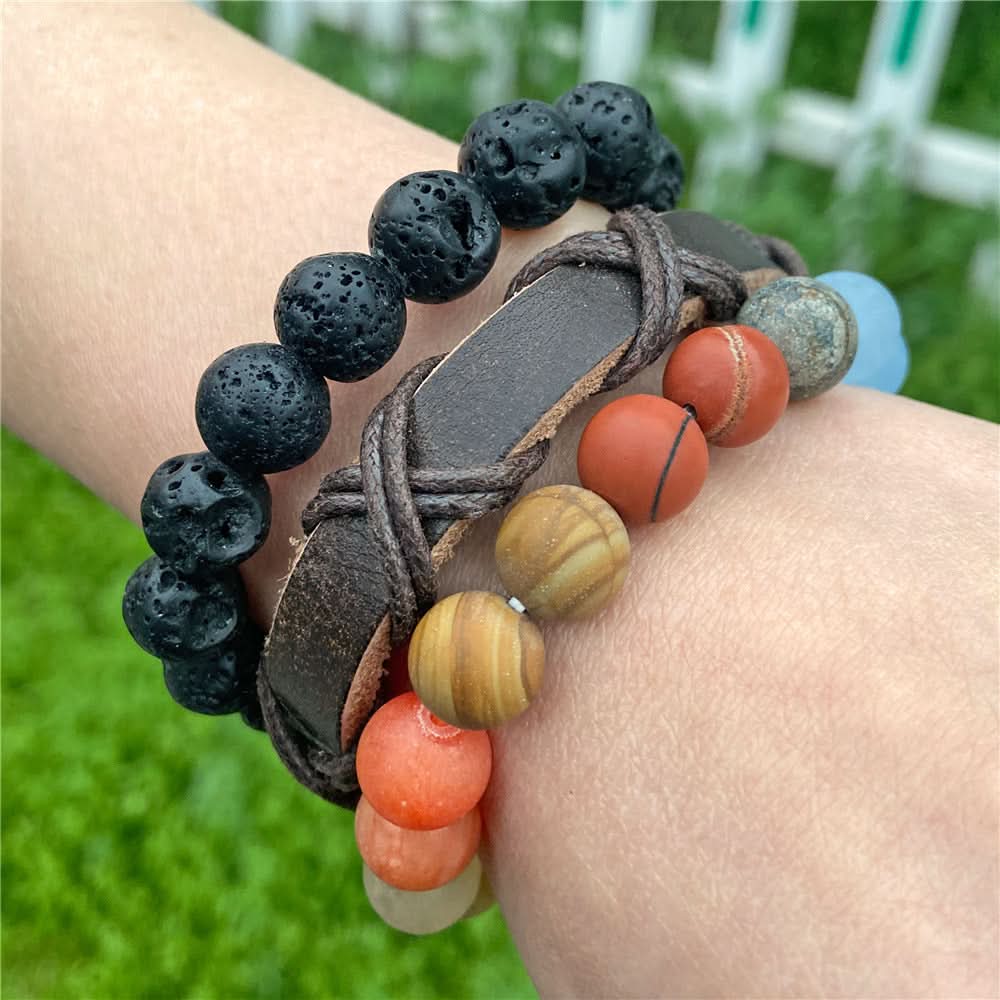 Unisex Retro Volcanic Stone & Agate Bead Bracelet – Handcrafted