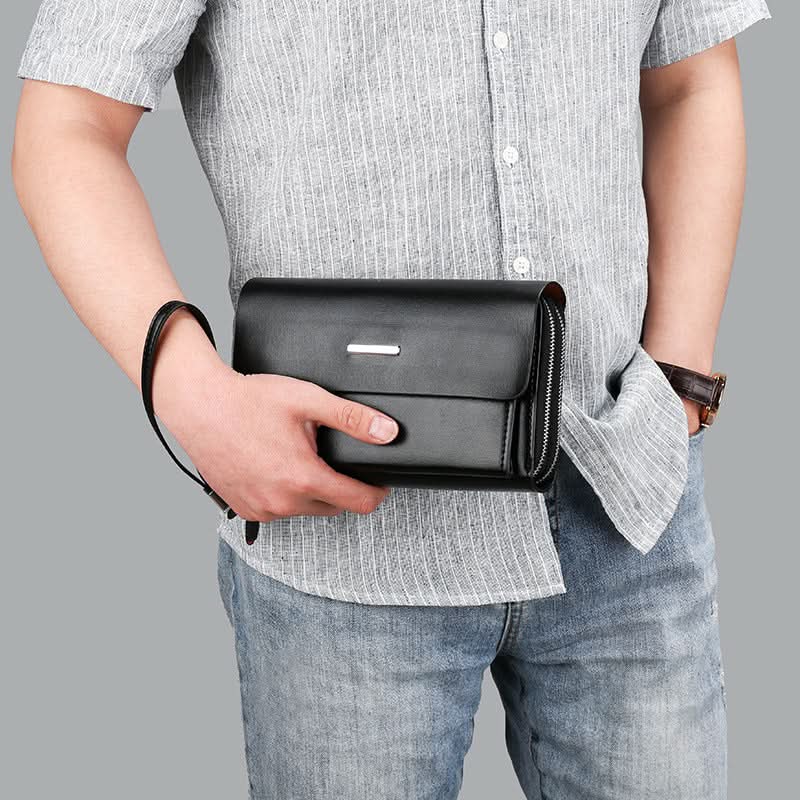 Men’s PU Leather Business Handbag – Double Zipper Wallet & Travel Clutch