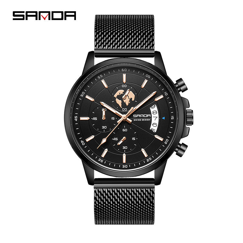 Sanda Men’s Quartz Watch – Three-Eye Chronograph, 30M Waterproof Casual Analog Watch
