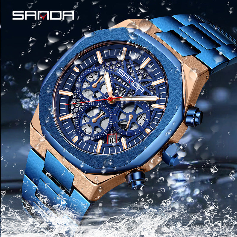 SANDA Luminous Stainless Steel Men’s Quartz Watch – 6-Hand Chronograph with Calendar
