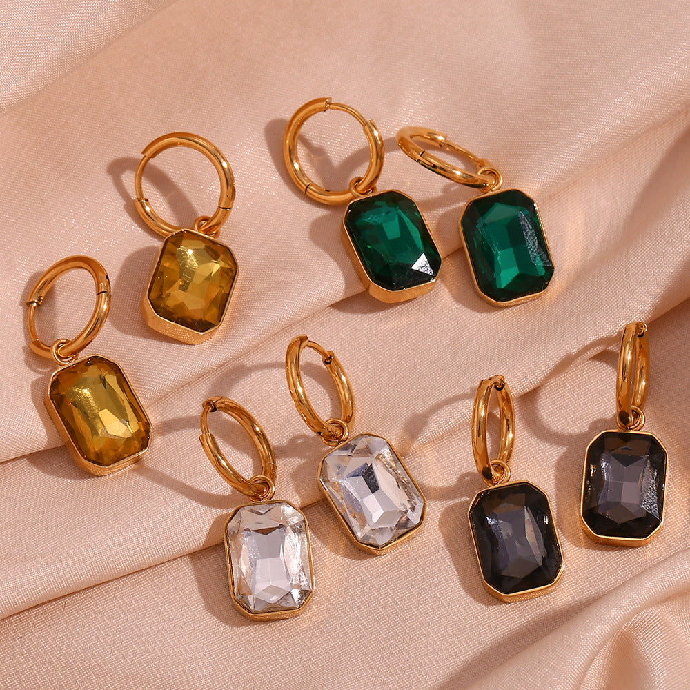 Retro Chic Gemstone Dangle Earrings for Women – Stainless Steel Emerald Cut Design