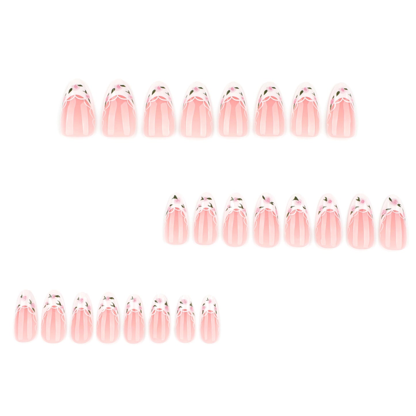 Romantic Floral French Tip Press-On Nails – Almond Shape, Glue-On Set