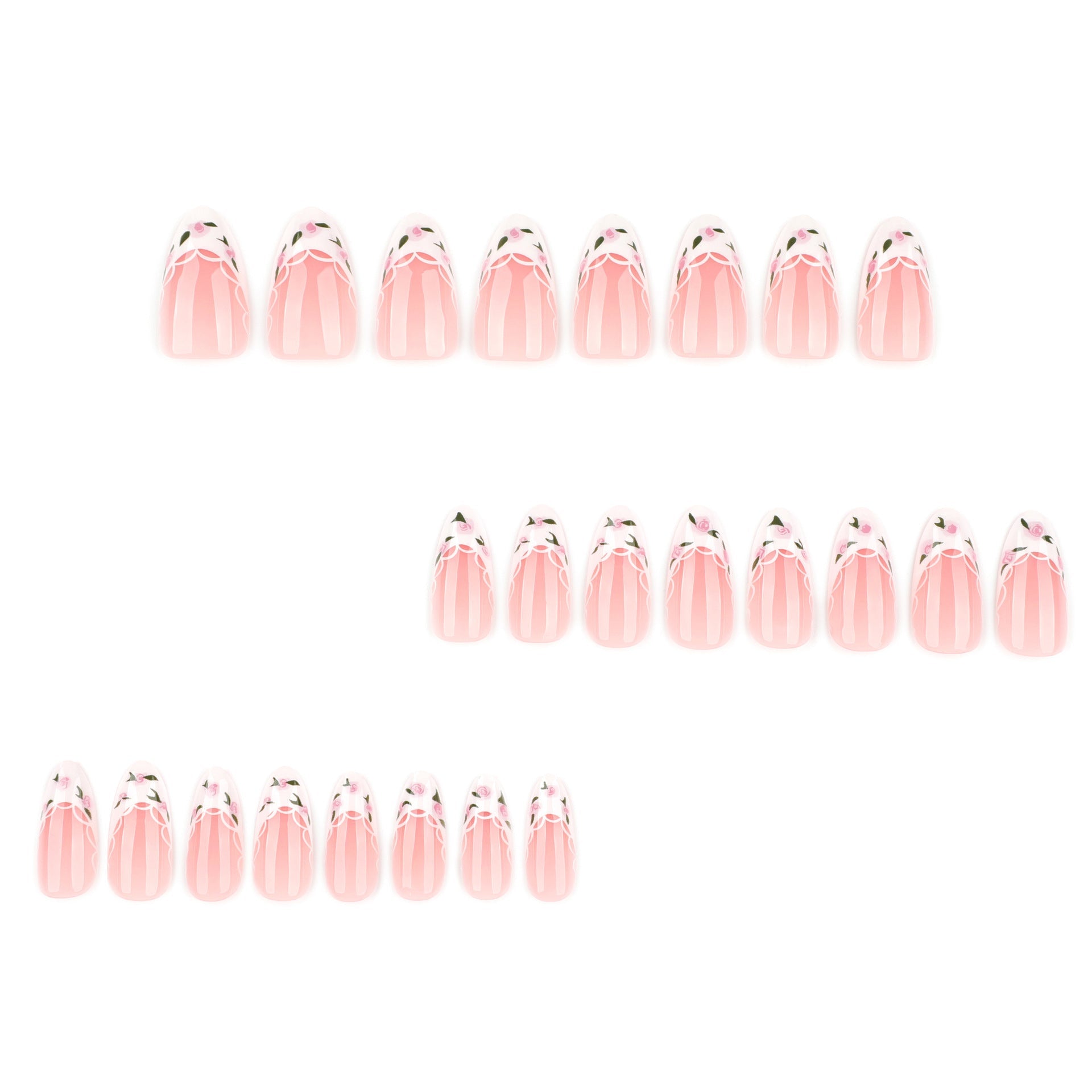 Romantic Floral French Tip Press-On Nails – Almond Shape, Glue-On Set