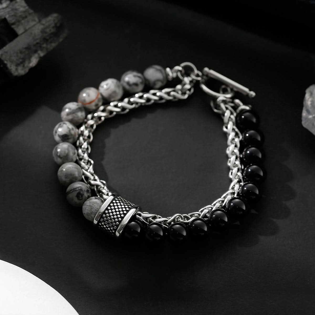 Men’s Obsidian Beaded Bracelet – Trendy Double-Layer Keel Design