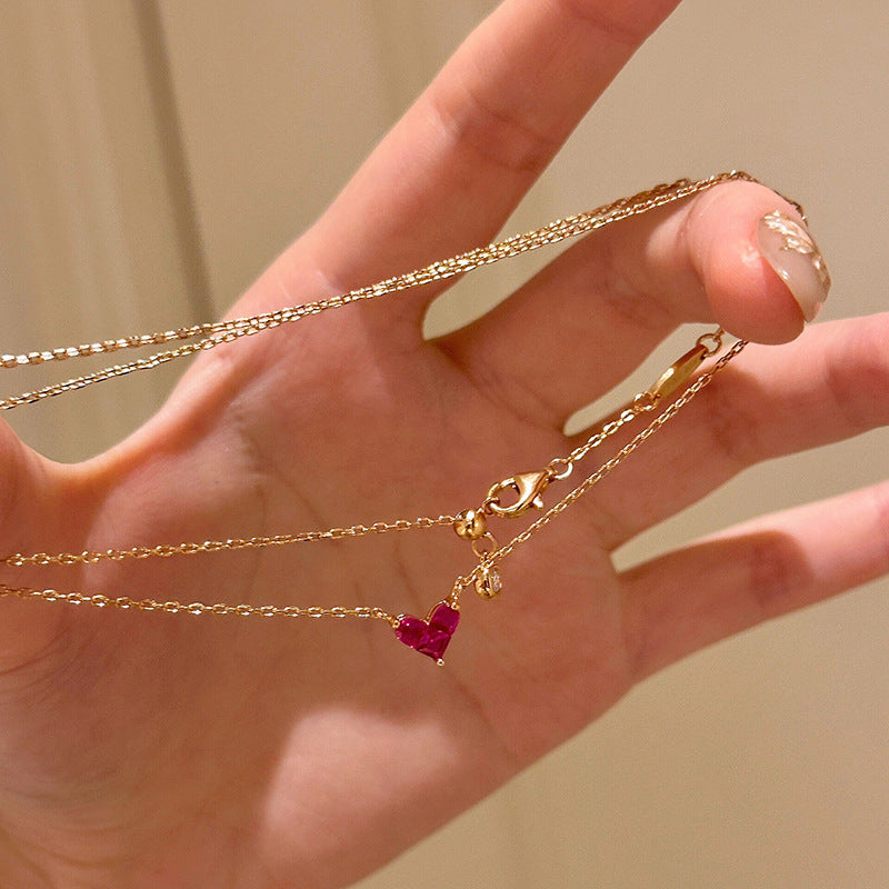 Rose Red Heart Pendant Necklace – Women's Dainty Electroplated Clavicle Chain Jewelry