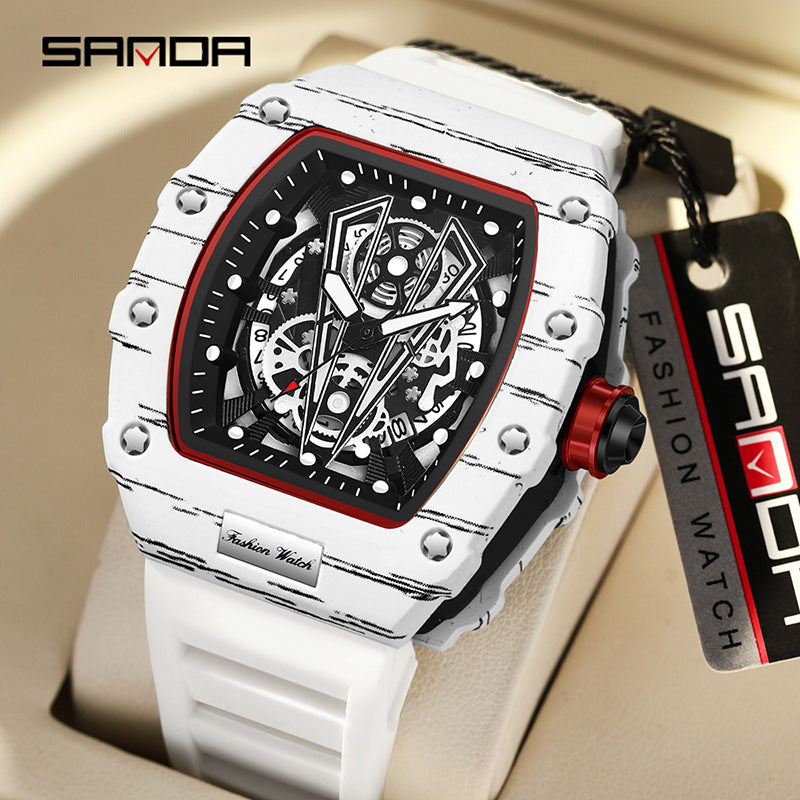 SANDA Men's Barrel-Shaped Quartz Watch – Calendar Waterproof Fashion Casual Strap