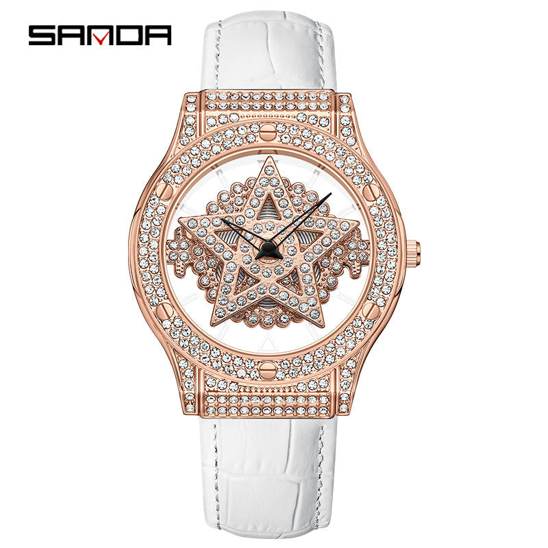 SANDA Women's Star Quartz Watch – Waterproof Leather Strap Casual Ladies Timepiece