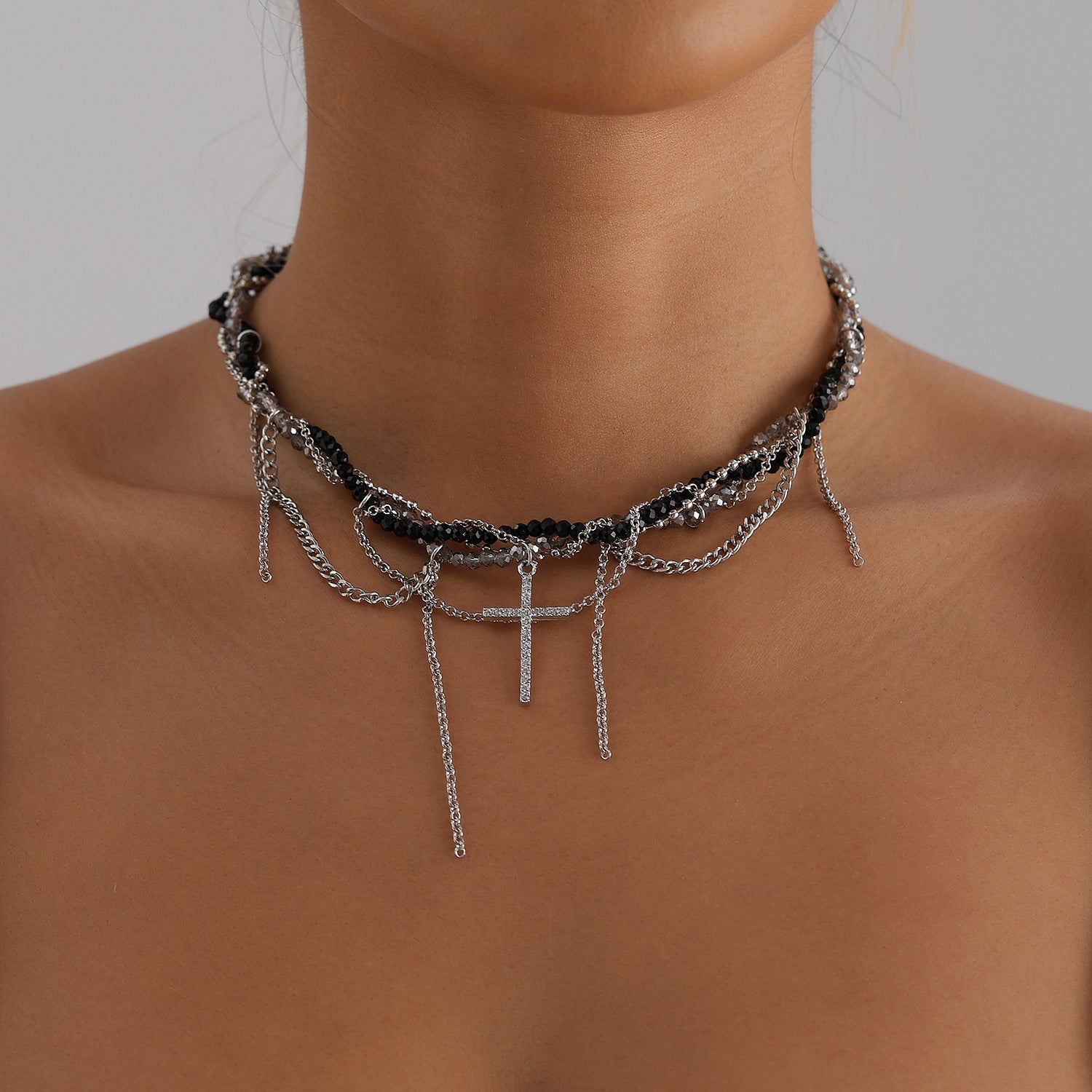 Crystal Cross Pendant Necklace for Women – Snake Chain Tassel Clavicle Necklace