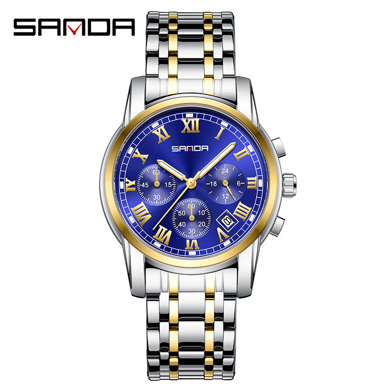 SANDA Luminous Men’s Quartz Watch – Retro Stainless Steel Strap with Calendar