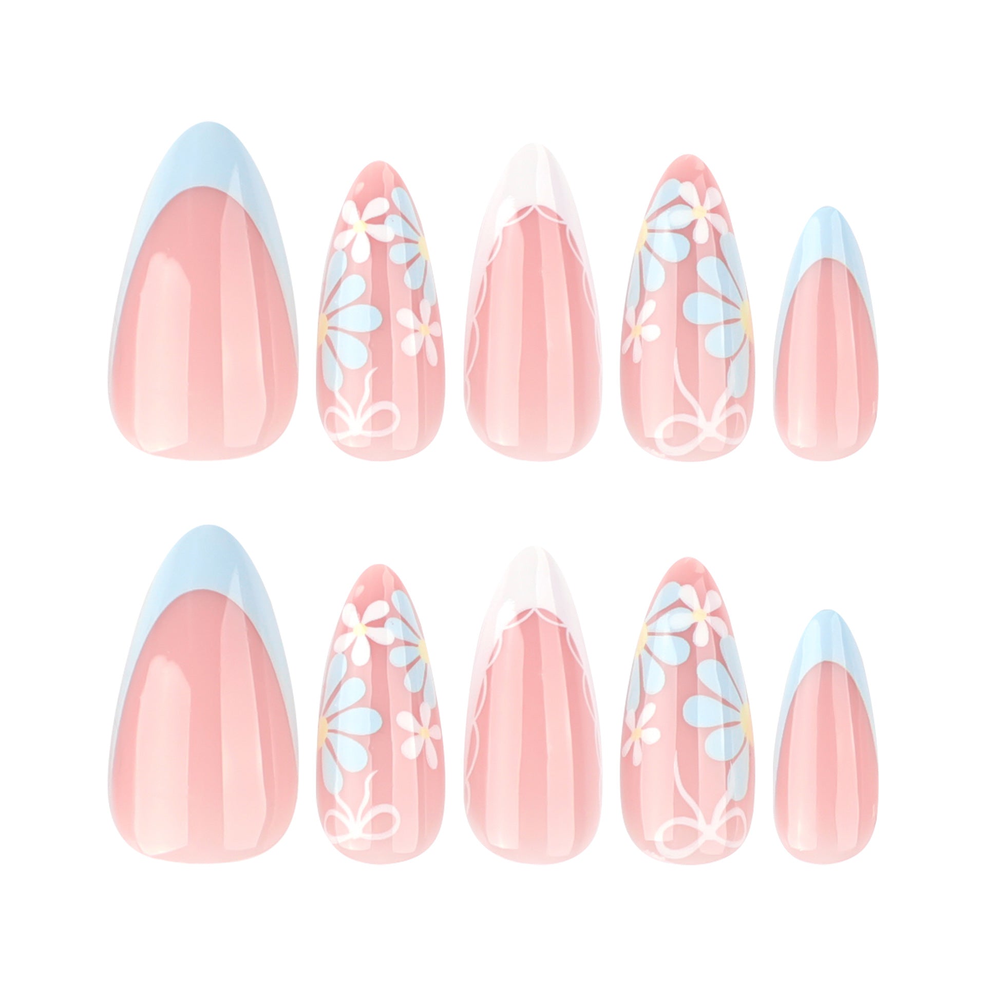Long Almond Floral Press-On Nails with Matte Daisies & Bow – Cute Glue-On Nail Art