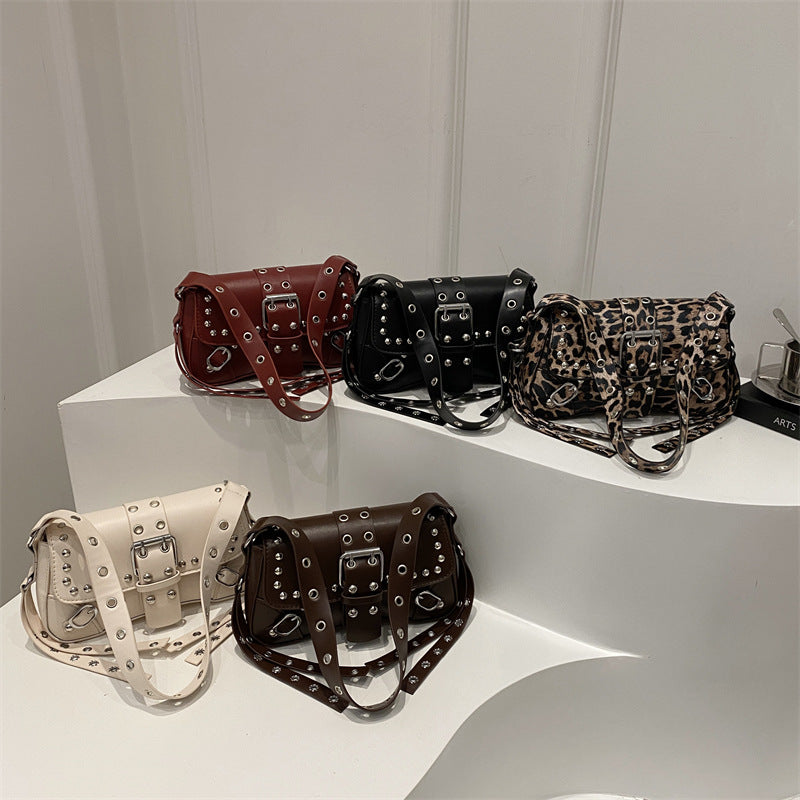 Women’s Rivet Baguette Bag – PU Leather Motorcycle Shoulder Street Style Handbag
