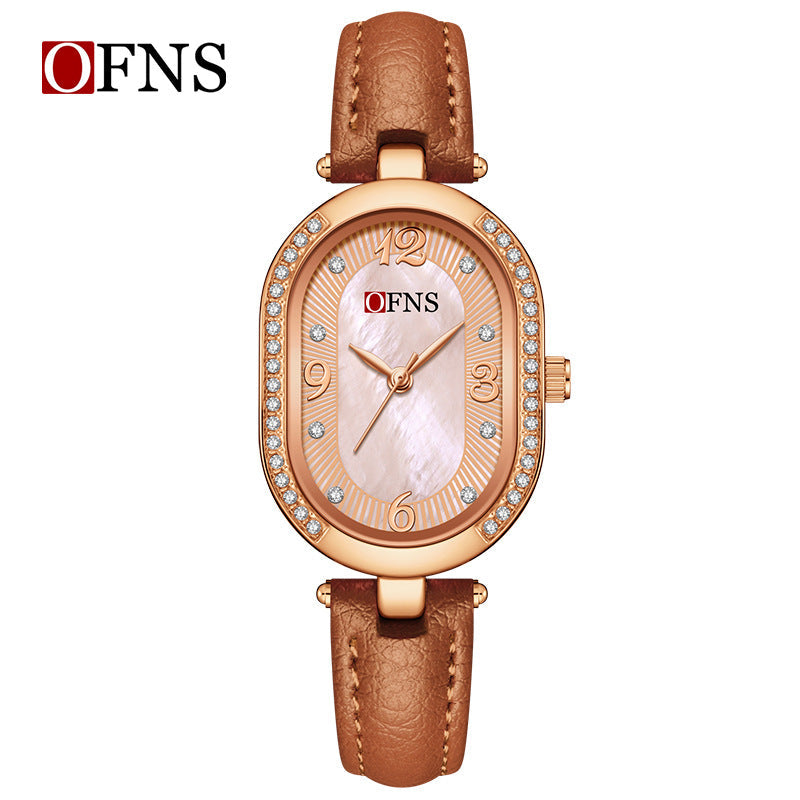 OFNS Diamond Oval Quartz Watch – Waterproof Watch for Women with Leather Strap