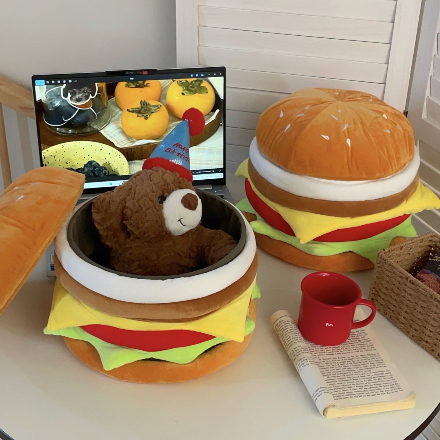 Cute Hamburger Storage Stool for Kids – Plush Toy Organizer & Toddler Seat