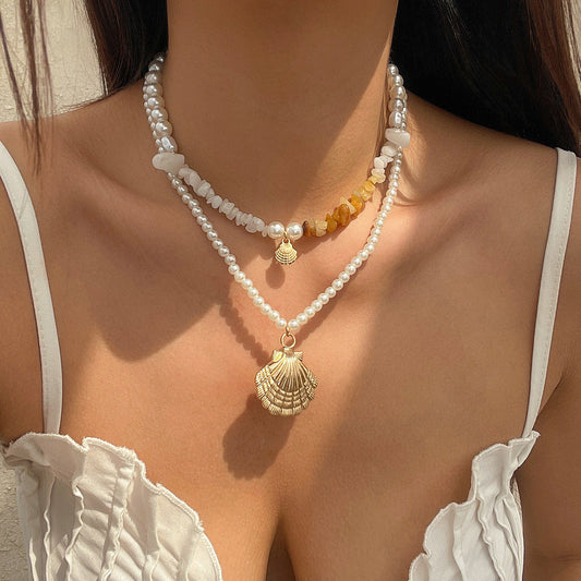 Layered Bead Shell Pendant Necklace for Women – Fashionable Alloy Jewelry