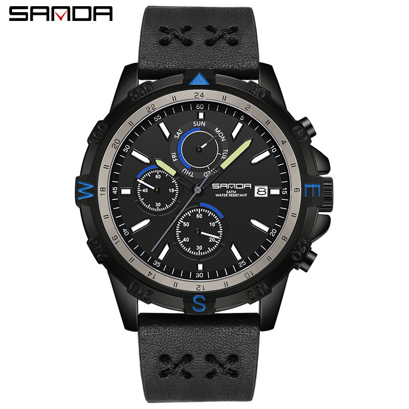 SANDA Men's Outdoor Sports Quartz Watch – Calendar, Detachable Leather Strap