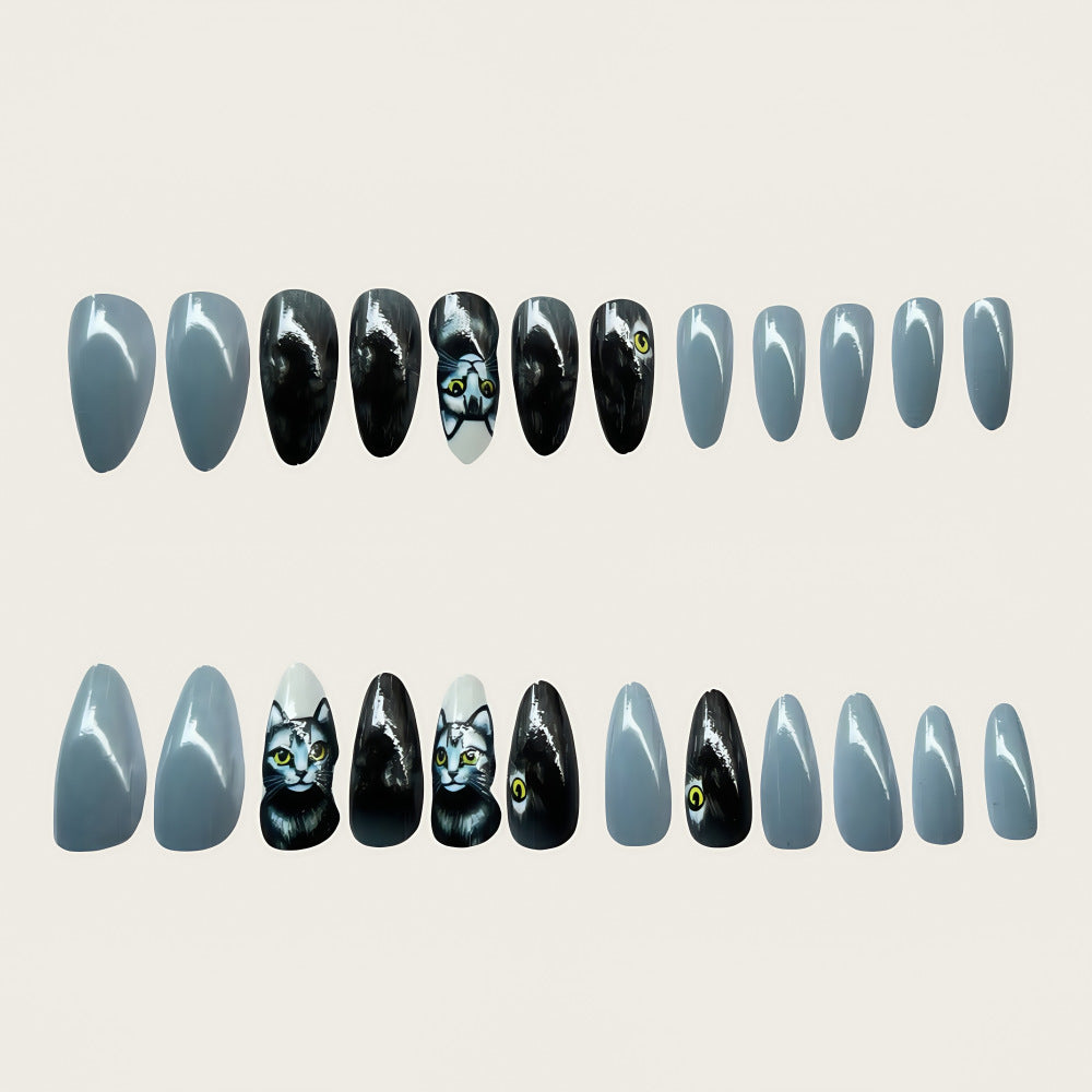 Gray Cat Design Stiletto Press-On Nails – Long Artistic Glue-On Acrylic Set